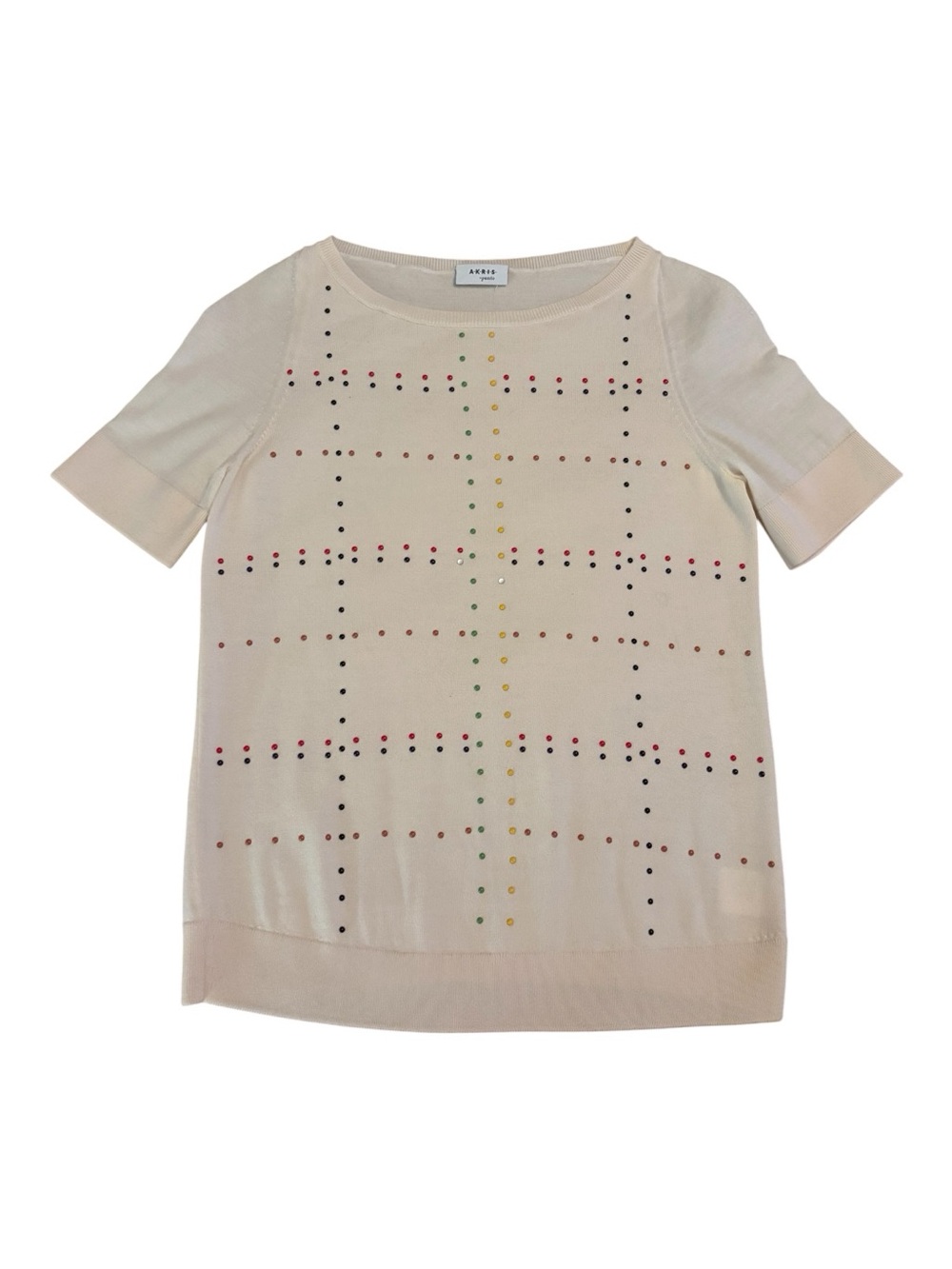 Akris Punto Cream Short Sleeve Knit Top with Multicolor Stud Grid Sz S Like New